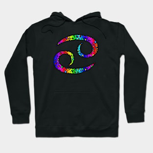 Cancer Zodiac Horoscope Symbol in Dark Rainbow Leopard Print Hoodie